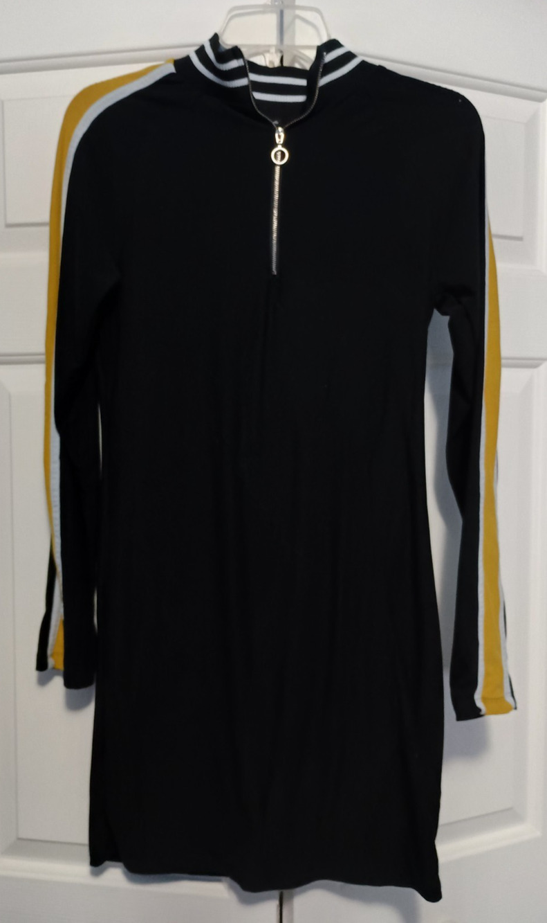Love Ari Black Bodycon Track Dress Large L Long Sleeve Striped Zip Athleisure